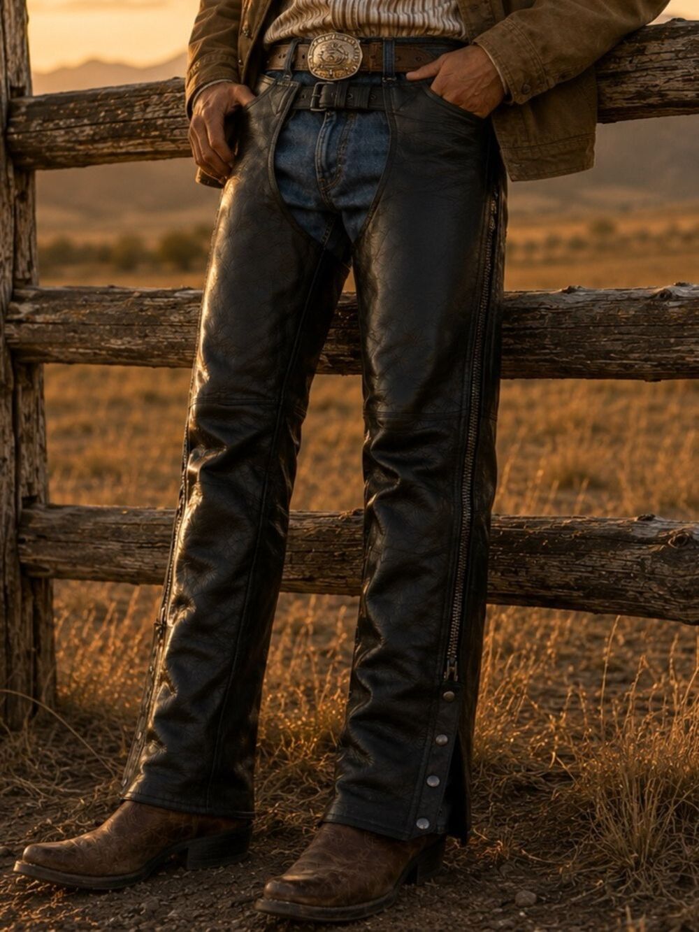 Adnan Leather Western Riding Chaps Mens L Black Motorcycle Cowboy Ranch Biker